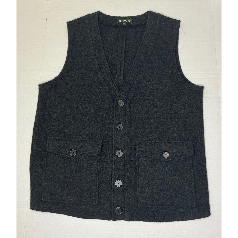 Vintage Orvis Mens Felted Wool Button Front Vest Charcoal Gray Pockets